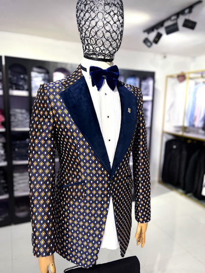 Navy Blue Jacquard Single Breasted Tux