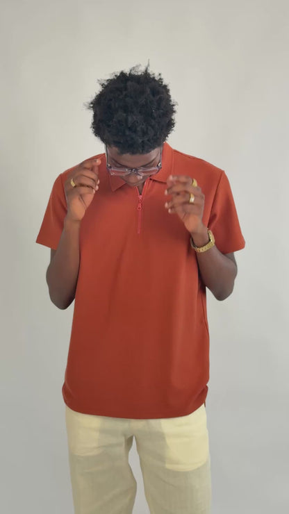 Orange Knitted Zipper Polo