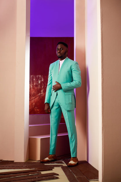 Mint Green Lapeless Suit, Patch Pocket and Pant