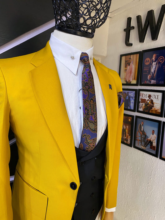 Mustard three piece suit, black waist coat and pants