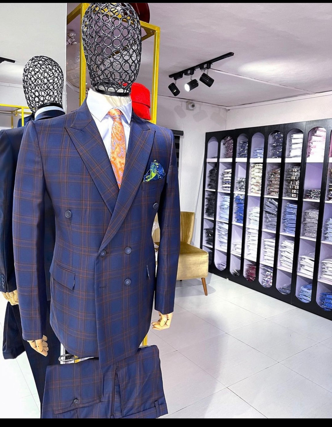Blue And Brown Checkered Double Breasted Suit With matching pant