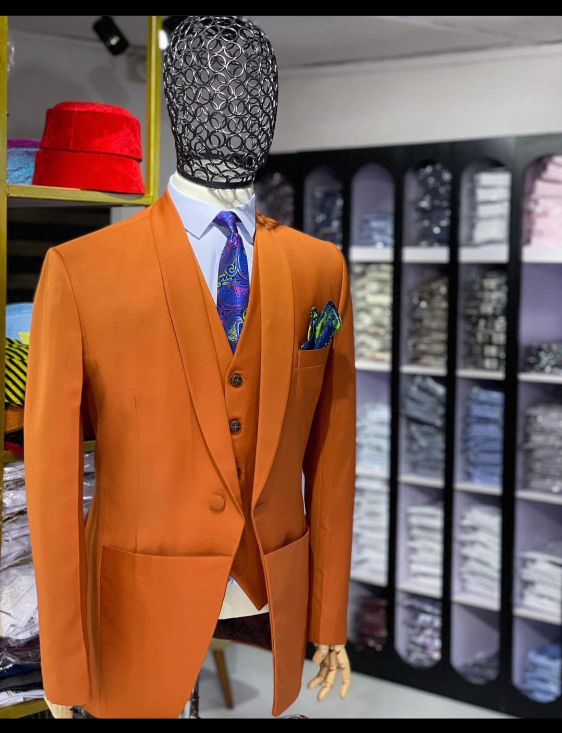 Burnt Orange Shawl Lapel Suit with Exaggerated pockets