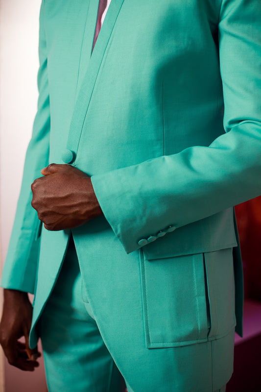 Mint Green Lapeless Suit, Patch Pocket and Pant