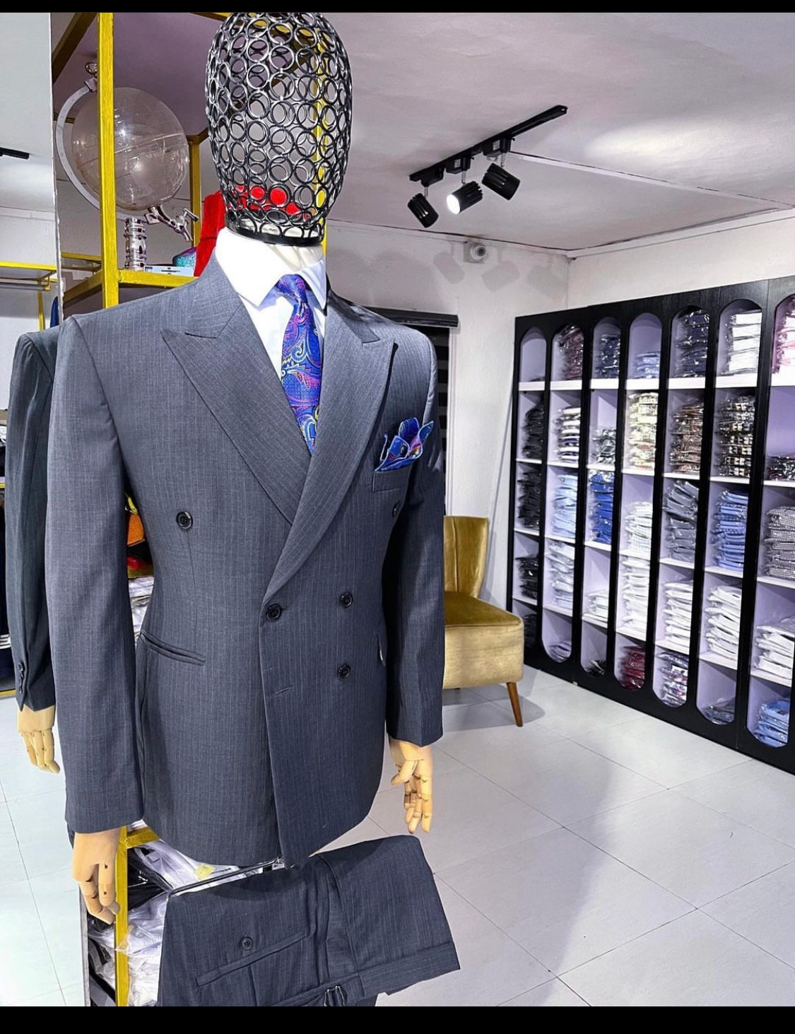 Dark Grey Pin Stripe Double Breasted Suit With matching pants